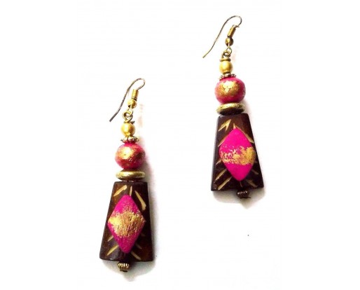 Handmade Painted Wooden Wood Earrings Jhumki Ethnic Chic Boho Drop Long EA294